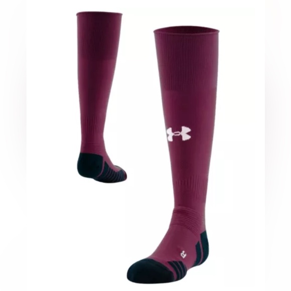Under Armour UA Team OTC Soccer Socks 1 Pair Youth 13.5K-4.5 Maroon w White Logo - Picture 3 of 10